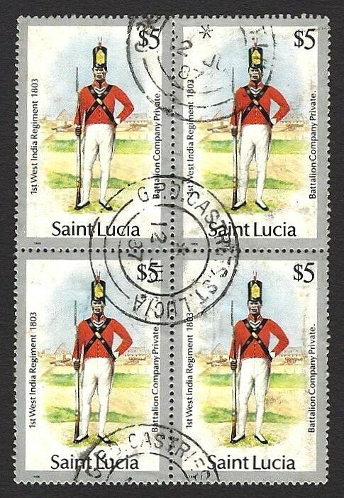 St Lucia #760 1985 Uniforms $5 Used Block Of 4