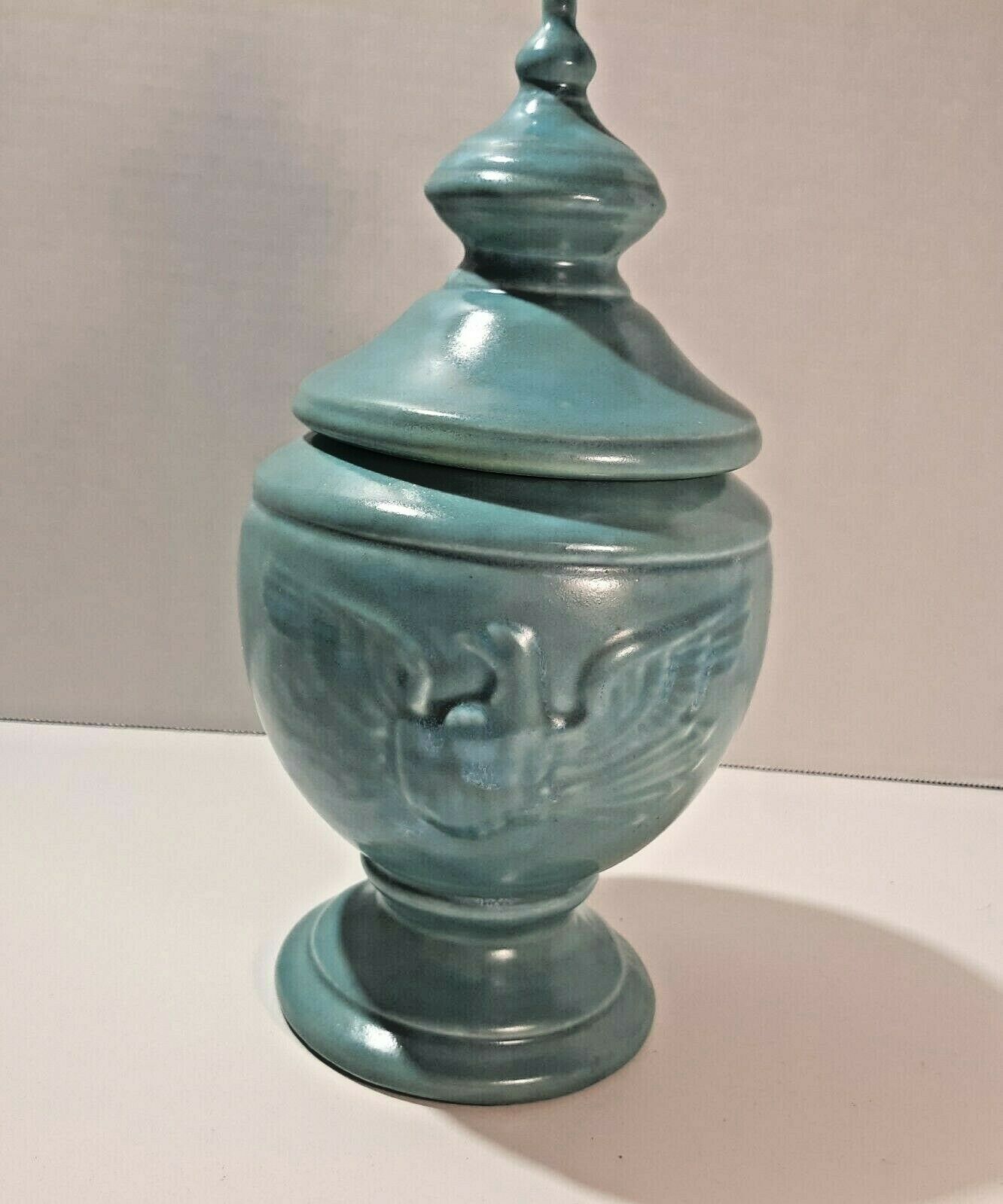 Candy Dish Lidded Vintage Eagle Aqua Blue Turquoise Pedestal 9.5" Ceramic