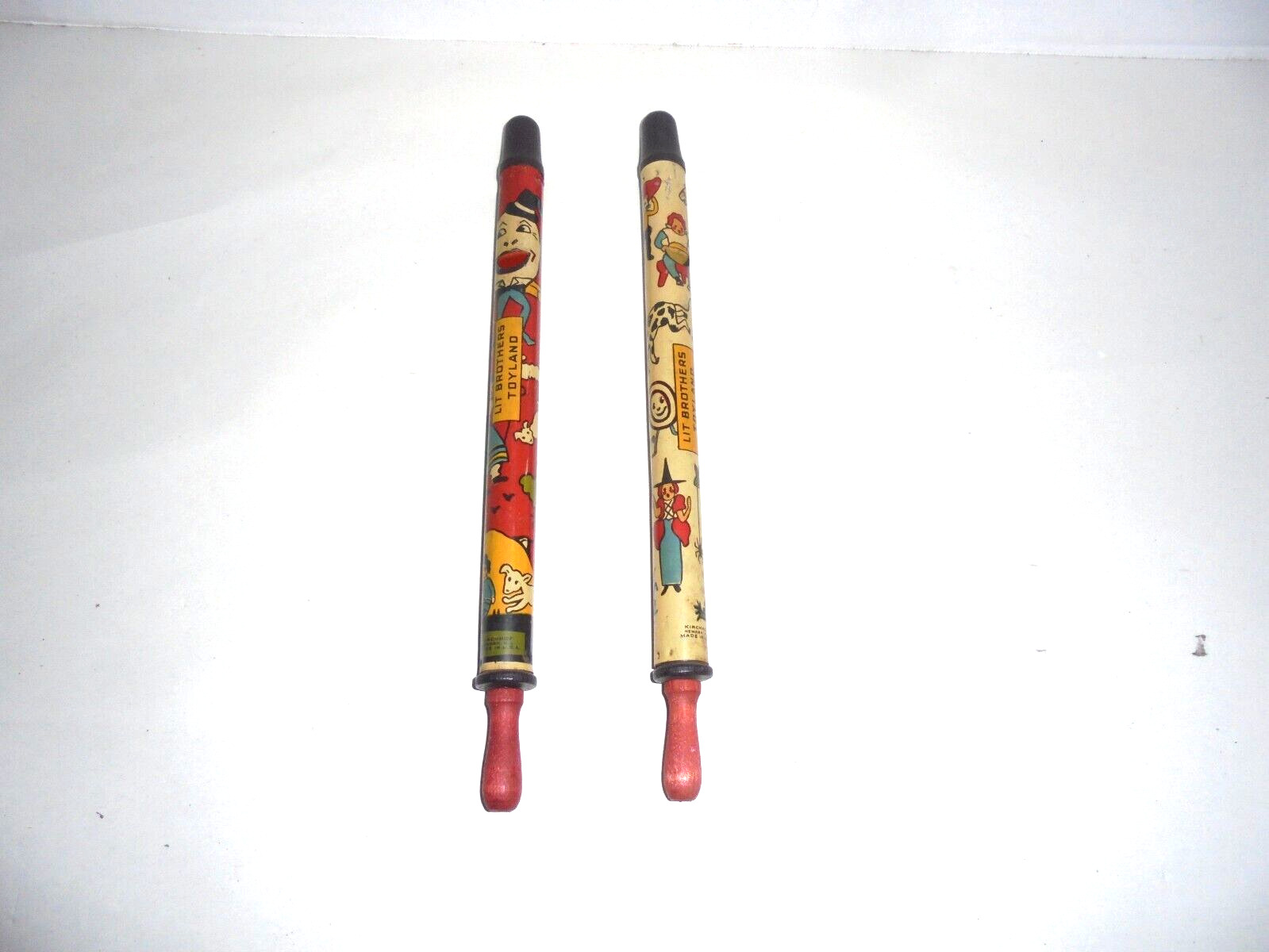Flute Two Vintage Childs Toyland Tinplate With Wooden Ends Flutes Story Book