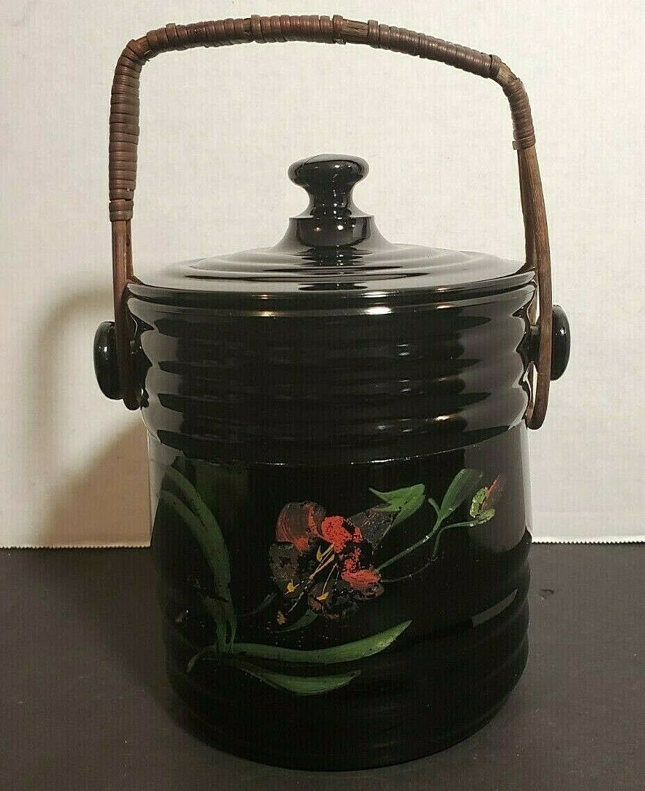 Vintage Black Pressed Glass Canister - Hand Painted - Rattan Handle - 7.5" Tall