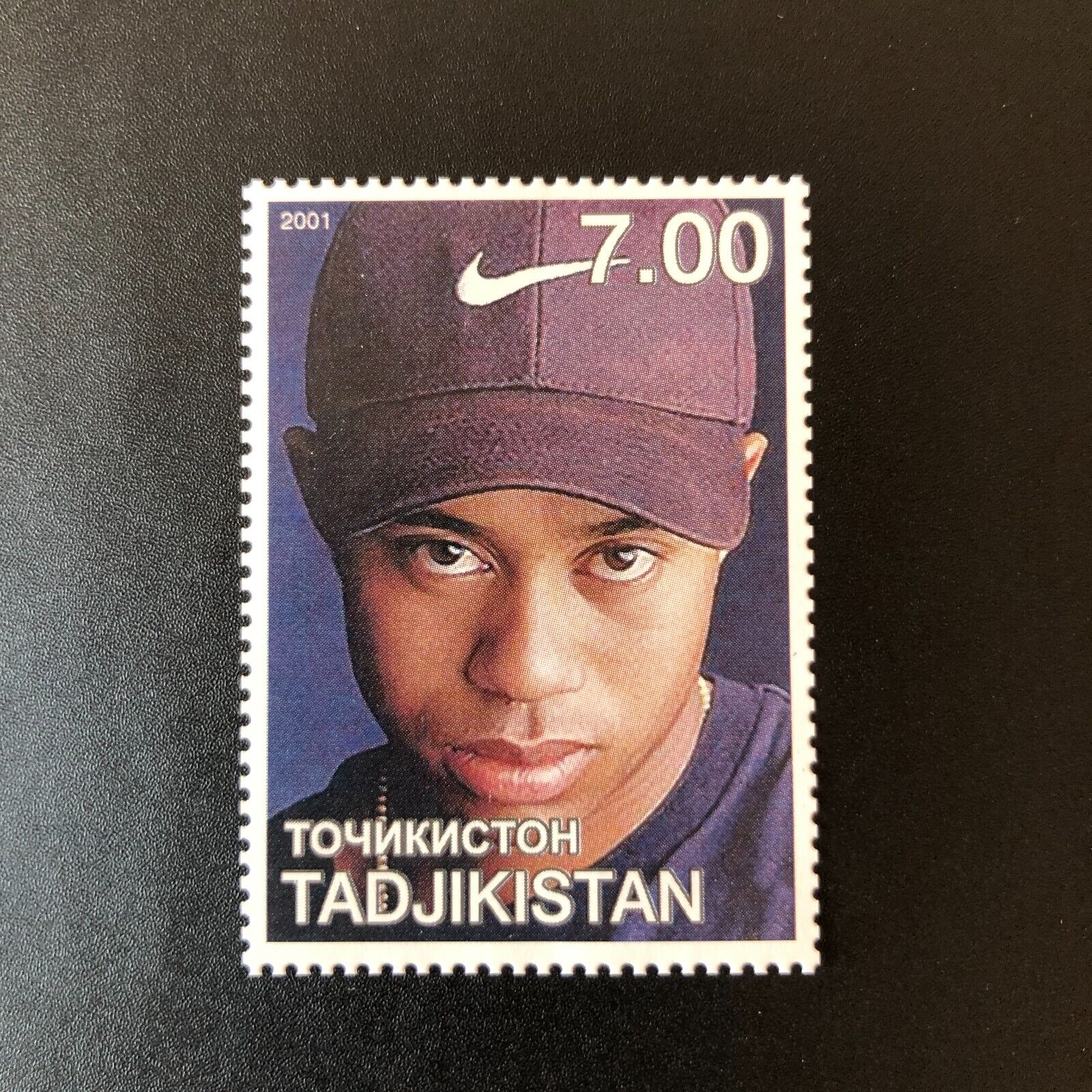 Tiger Woods Stamp 2001 Tadjikistan 7.00 New / Unused Golf Portrait Image
