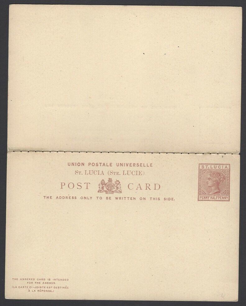 St Lucia Qv 1 1/2d + 1 1/2d Reply Postal Card Unused