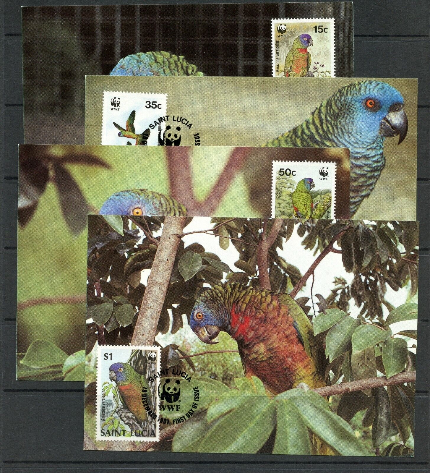 J337  St. Lucia  1987  Amazon Parrots  Birds Wwf  Maximum Cards (4)
